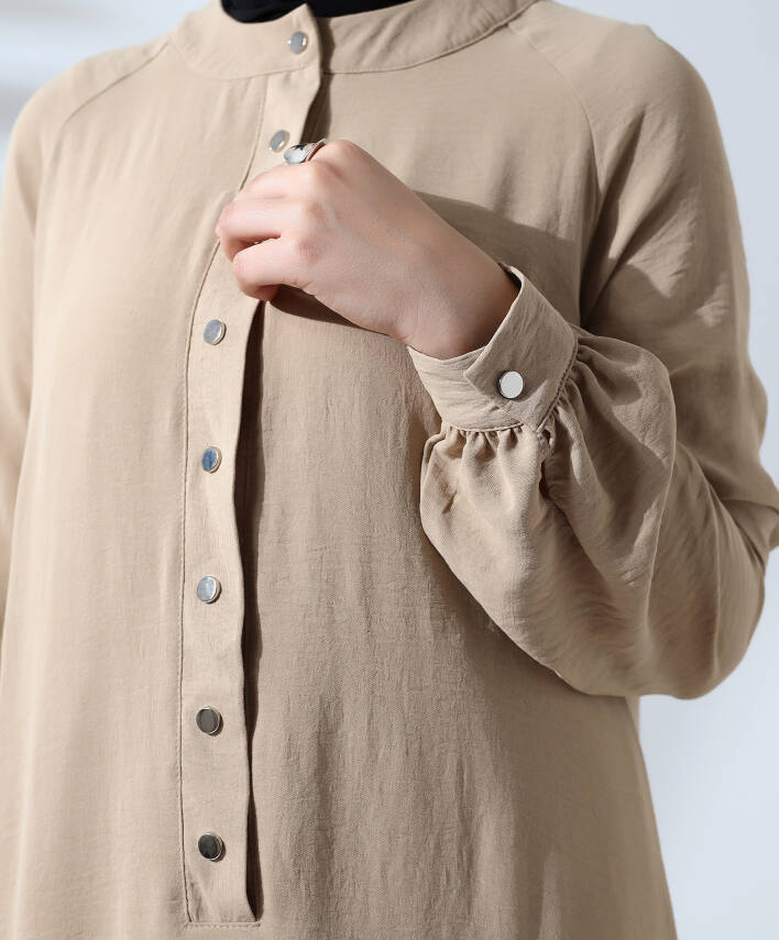 Çıtçıtlı Elbise - Bej - 3