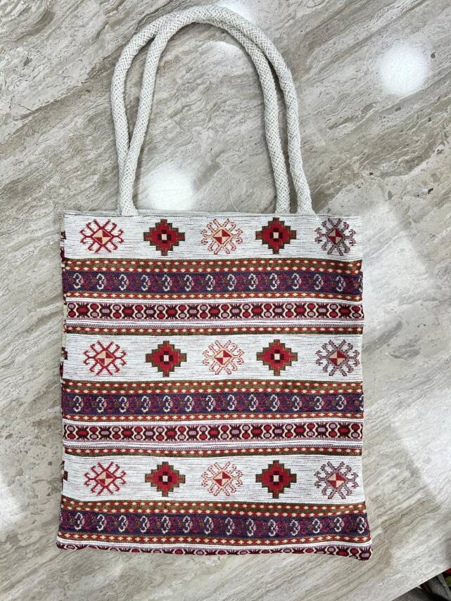 Goblen Dokuma Renkli Etnik Desenli Kadın Omuz Çantası - Kırmızı - 1