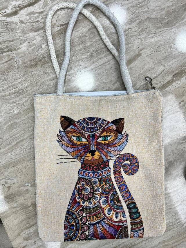 Goblen Dokuma Renkli Etnik Desenli Kadın Omuz Çantası - Çizmeli Kedi - 1
