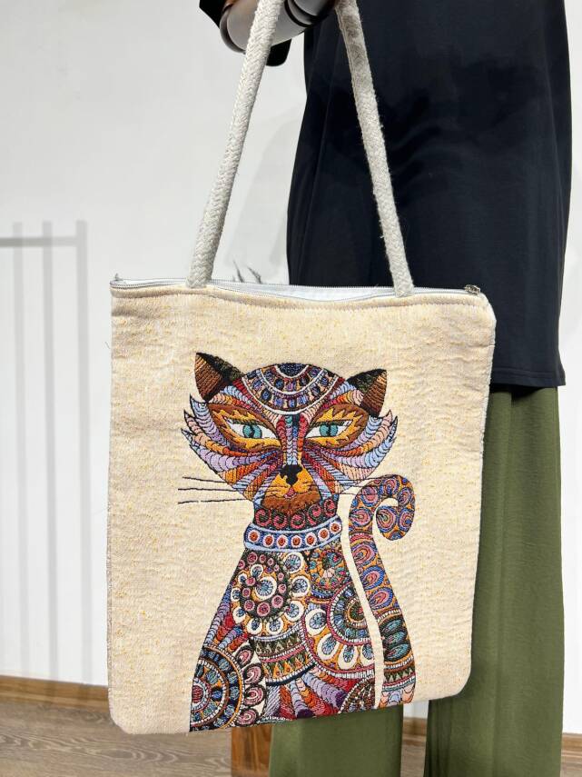 Goblen Dokuma Renkli Etnik Desenli Kadın Omuz Çantası - Çizmeli Kedi - 3