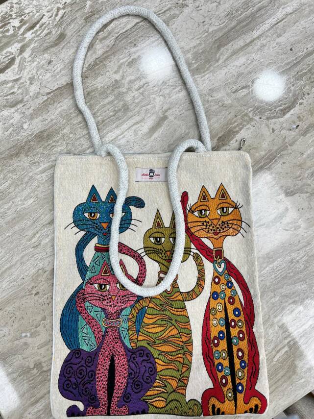 Goblen Dokuma Renkli Etnik Desenli Kadın Omuz Çantası - Dalton Kediler - 1