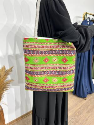 Goblen Dokuma Renkli Etnik Desenli Kadın Omuz Çantası - Haki - 3