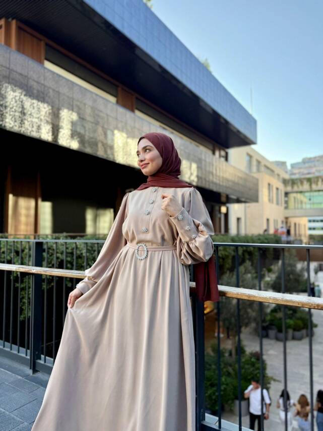 Kristal Taşlı Abaya - Bej - 1