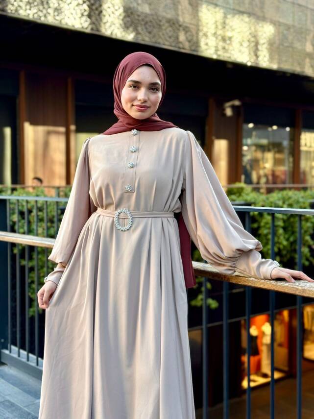 Kristal Taşlı Abaya - Bej - 2