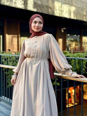 Kristal Taşlı Abaya - Bej - 3
