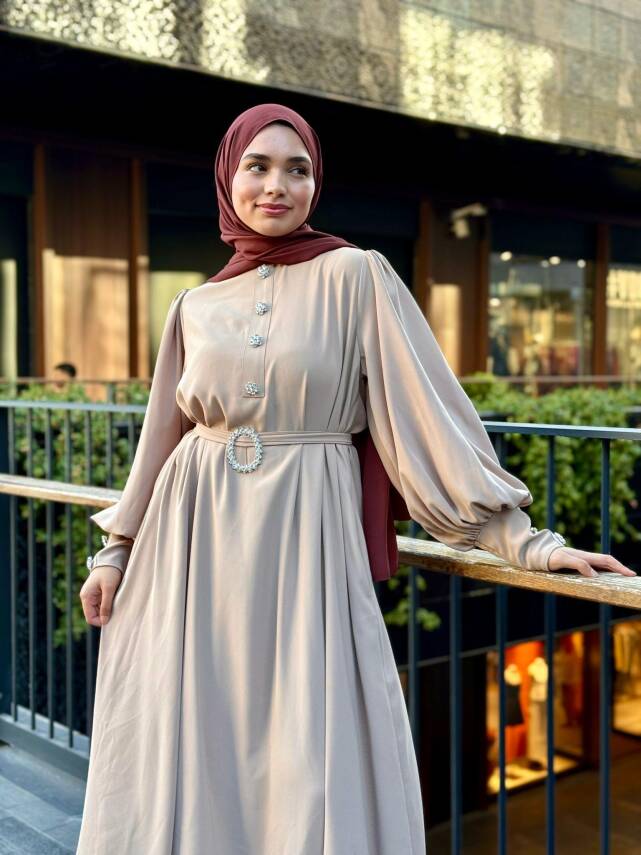 Kristal Taşlı Abaya - Bej - 3