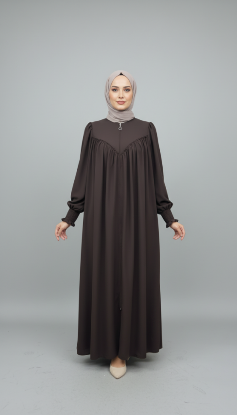 V Roba Büzgülü Ferace - Acı Kahve - 4