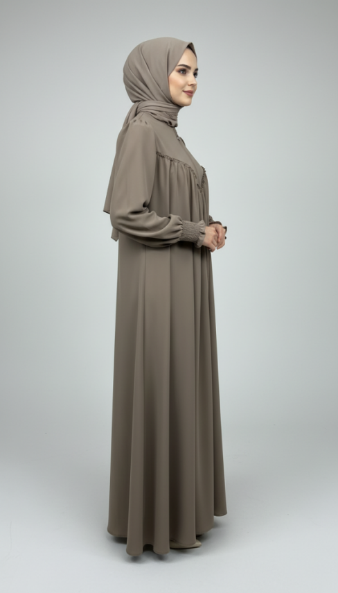 V Roba Büzgülü Ferace - Bej - 4