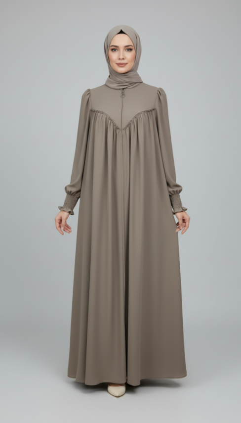 V Roba Büzgülü Ferace - Bej - 5