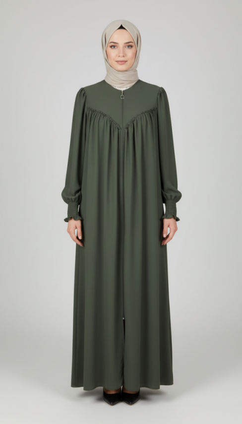 V Roba Büzgülü Ferace - Haki - 5