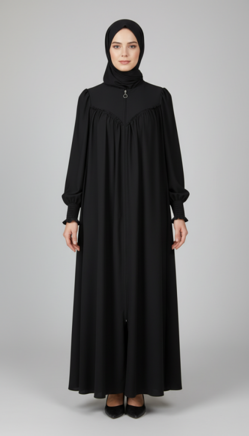 V Roba Büzgülü Ferace - Siyah - 5