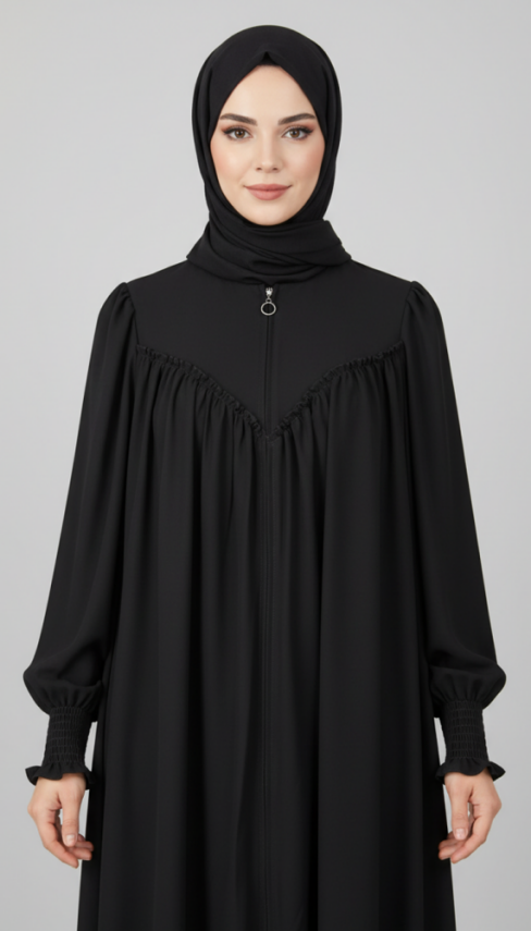 V Roba Büzgülü Ferace - Siyah - 1