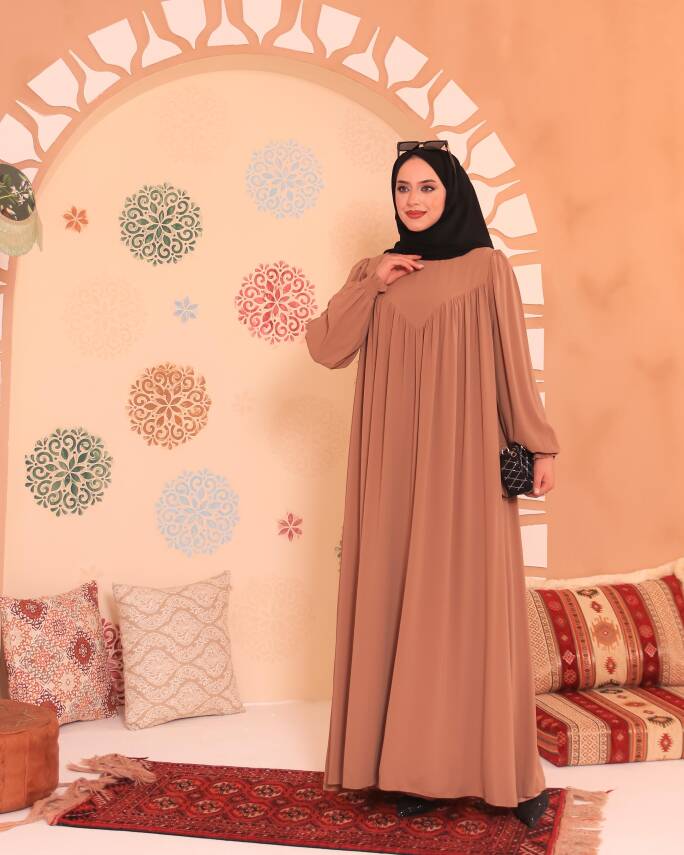 V Yaka Elbise - Camel - 2