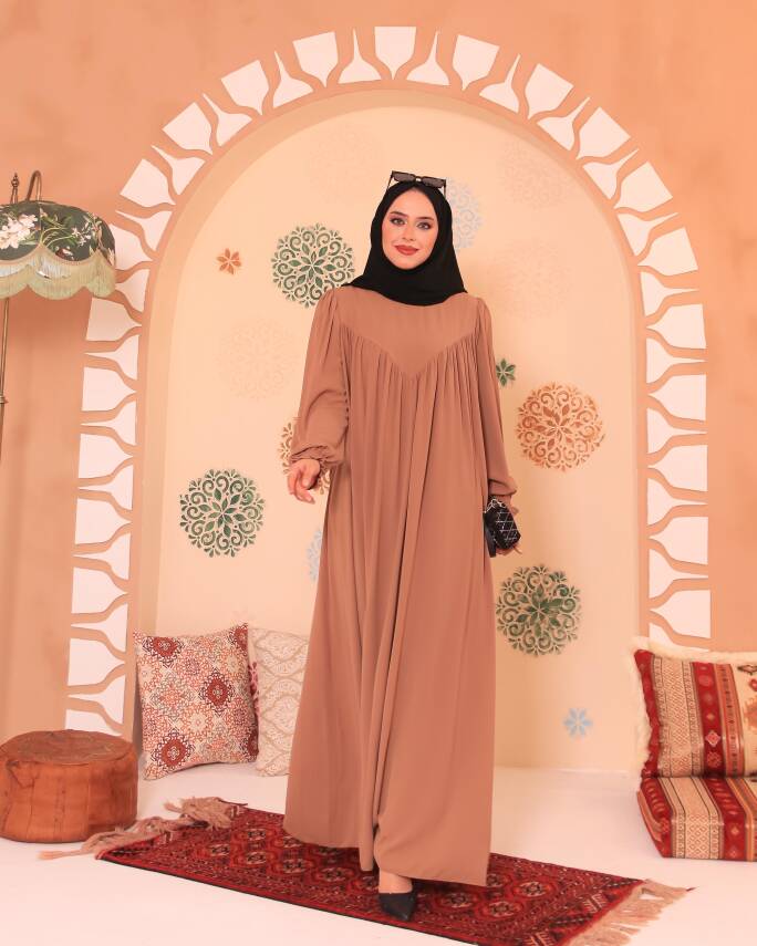 V Yaka Elbise - Camel - 3