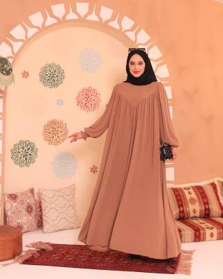 V Yaka Elbise - Camel - 4
