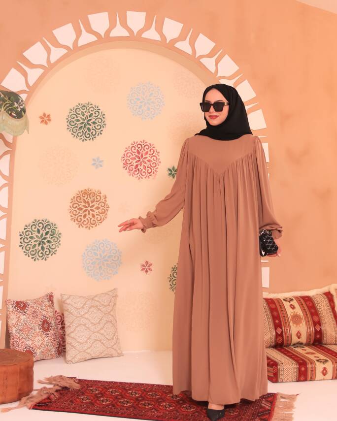 V Yaka Elbise - Camel - 5
