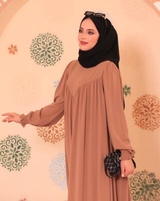V Yaka Elbise - Camel 